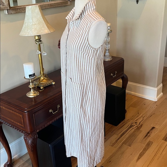 Comfy Cotton Tan White Striped Shirt Dress New Midi - Picture 6 of 9